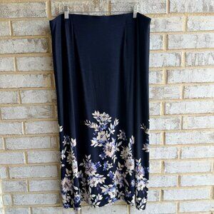 J. Jill Floral Pull On Rayon Blend Blue Stretch Midi Skirt Women's Size L.